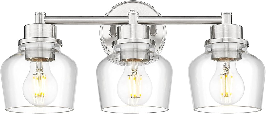 Emak Bathroom Light Fixtures Over Mirror, Brushed Nickel Vanity Light with Clear Glass Shade, 3-Light Vanity Lights for Bathroom, Mirror, Makeup Desk, VL122-BN-CG-3