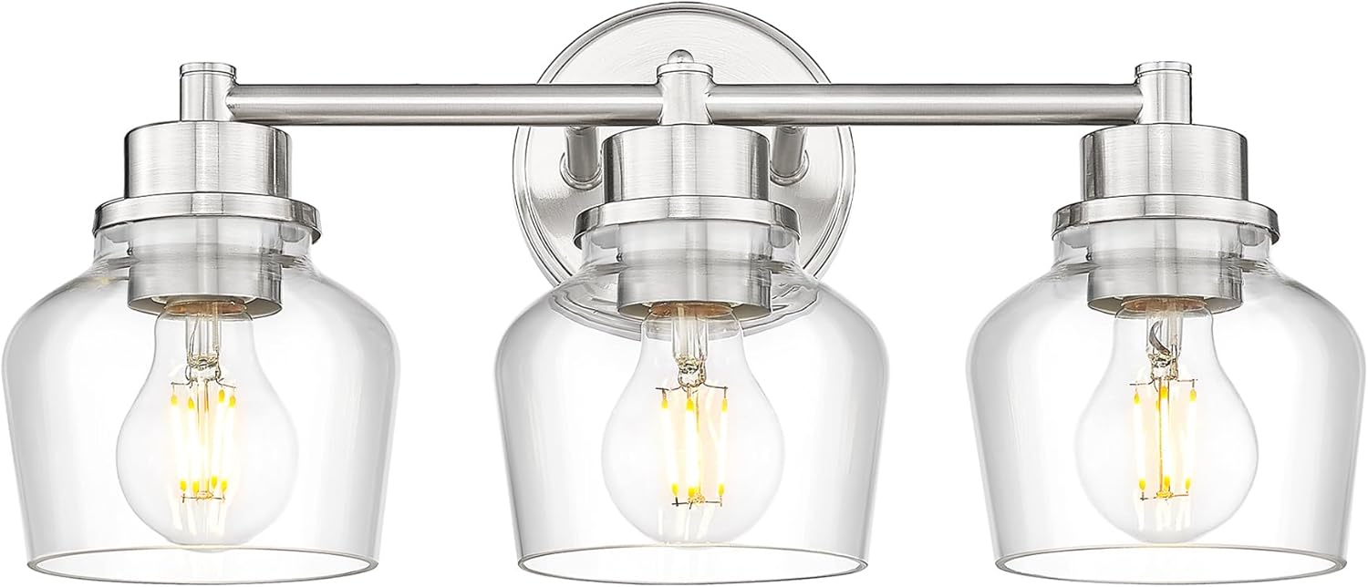 Emak Bathroom Light Fixtures Over Mirror, Brushed Nickel Vanity Light with Clear Glass Shade, 3-Light Vanity Lights for Bathroom, Mirror, Makeup Desk, VL122-BN-CG-3