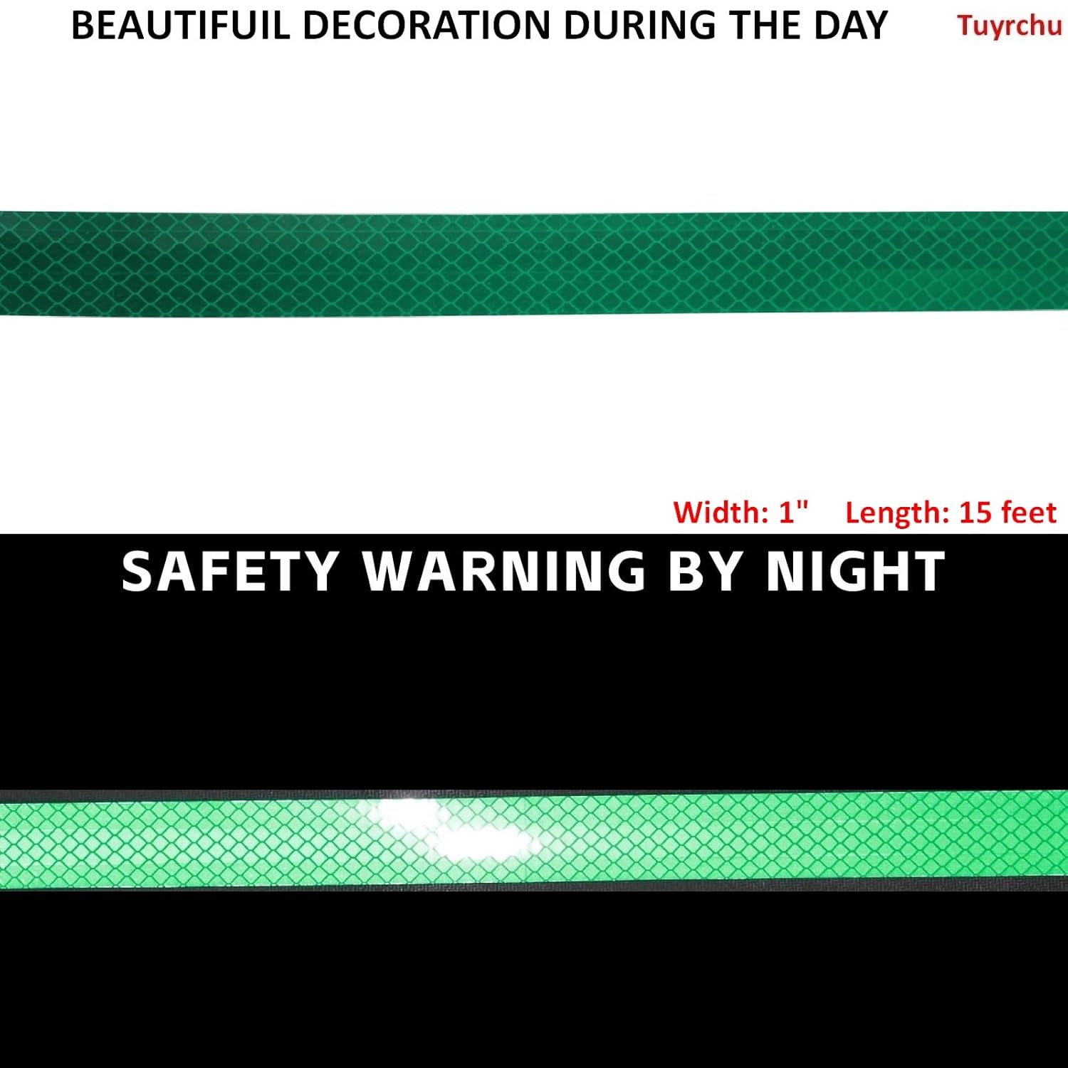 Non Fading Green Reflective Tape Outdoor Waterproof 1 inch, High Visibility Warning Industrial Marking Tape, Safety Stickers (15 feet)