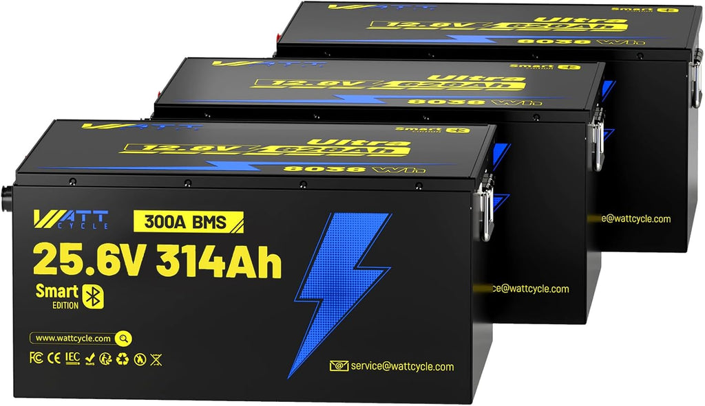 WattCycle 24V 314Ah Lithium Battery 3 Pack, 24V LiFePO4 Battery 300A BMS, LiFePO4 Battery 15000+ Deep Cycles, Rechargable Batteries Built-in Bluetooth, Perfect for Home Energy, RV, Marine, Solar