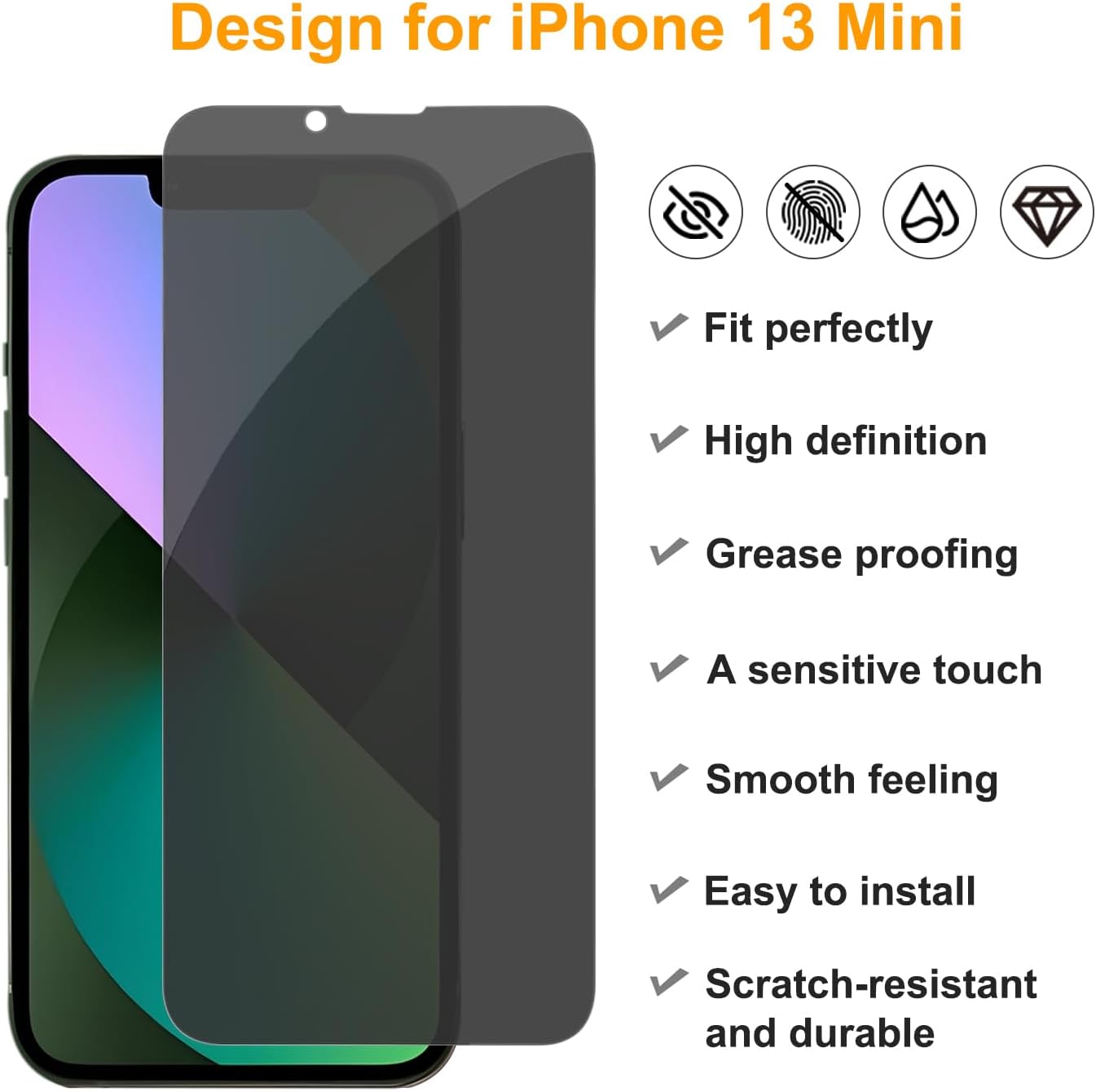 PEHAEL 3+3Pack for iPhone 13 Mini Privacy Screen Protector with Camera Lens Protector Full Coverage Anti-Spy Tempered Glass Film 9H Hardness Easy Installation Bubble Free [5.4 inch]
