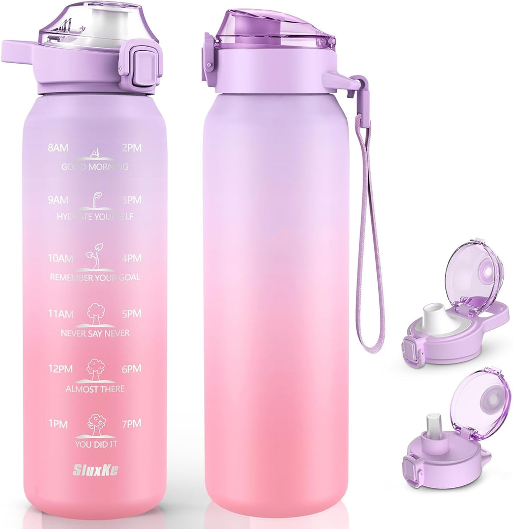 Stainless Steel Insulated Water Bottle 32oz with Handle, 1L Double Wall Insulated Bottle with Time Marker BPA Free, 1000ml Metal Water Flask for Outdoor Working School PURPLE PINK