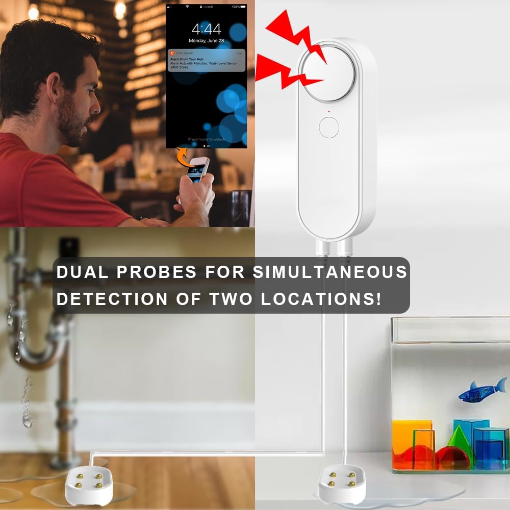 WiFi Water Leakage Detector with Dual Probe, Smart Water Sensor Alarm, Detached 16.4FT Dual Detection Line, Left and Right Dual Alarms, Remote App Monitoring, Dual Alerts, AAA Battery Powered(Include)