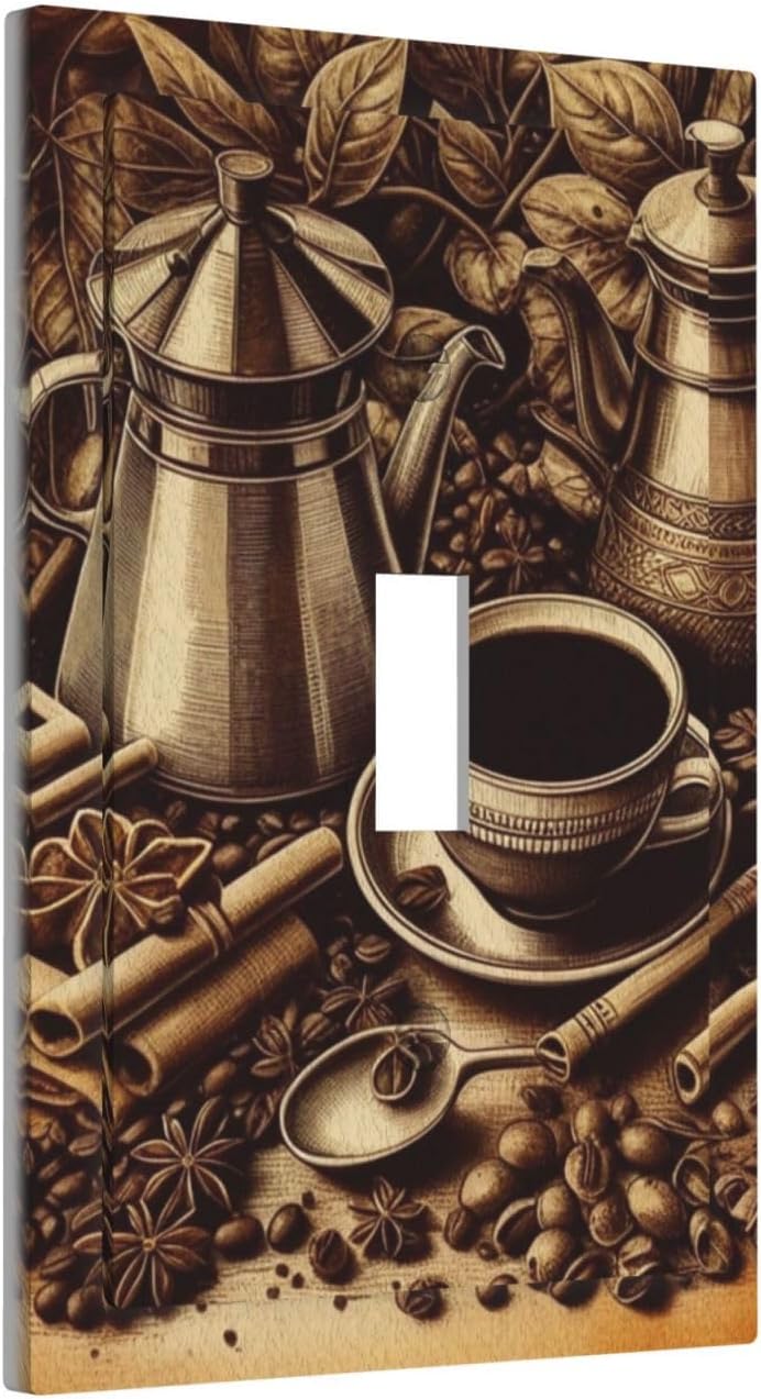 Decorative Light Switch Cover Plate Vintage Coffee Beans Leaf Cup 1 Gang Wall Plate Oversized Single Toggle Wall Cover Plate Jumbo Electrical Switchplate Faceplate