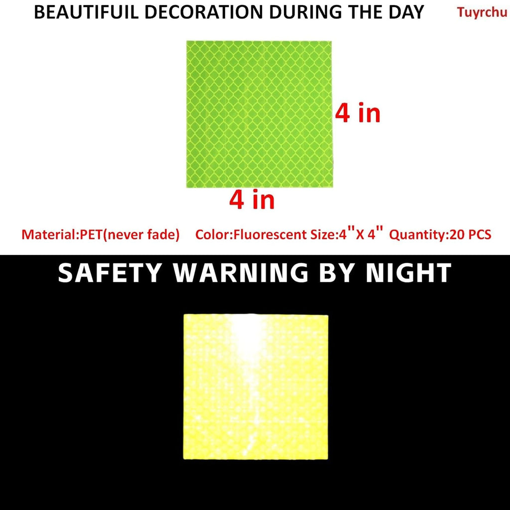 Non Fading Fluorescent Yellow Reflective Stickers 4 inch X 4 inch, Outdoor Waterproof High Visibility Safety Adhesive Reflector (20 Pcs)