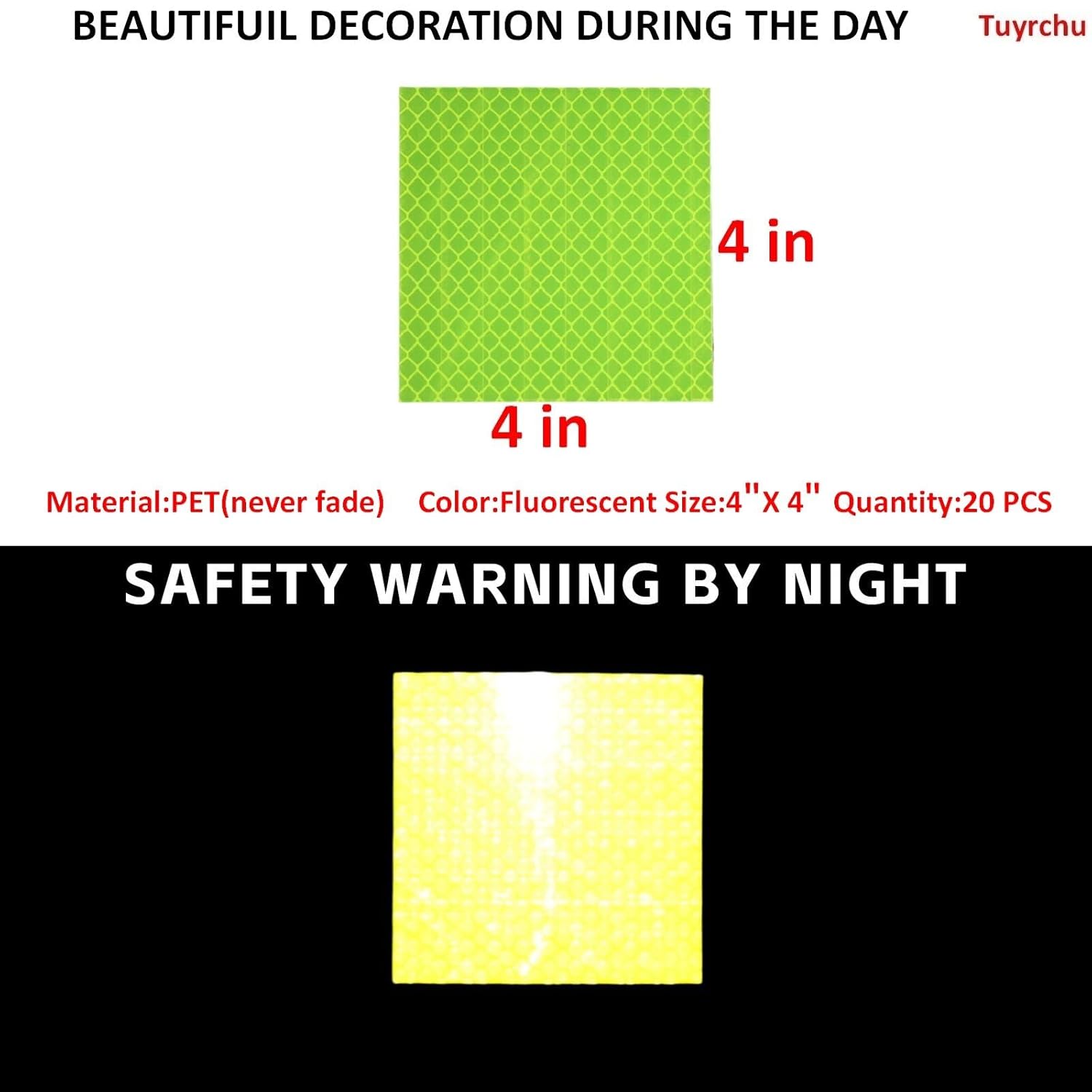 Non Fading Fluorescent Yellow Reflective Stickers 4 inch X 4 inch, Outdoor Waterproof High Visibility Safety Adhesive Reflector (20 Pcs)