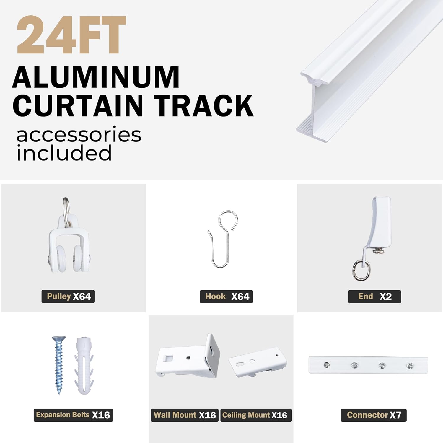 Aluminum Ceiling Curtain Track Set with Hooks Ceiling Mount and Wall Mount Room Divider Sliding Curtain Tracks Rods Flexible Heavy Duty Curtain Rail Hook Sets,White,24FT