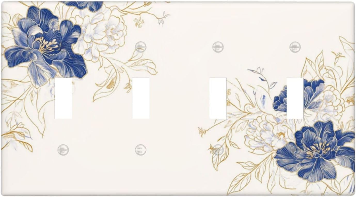 Decorative Light Switch Cover Plate Rustic Blue Flower Floral Gold Leaf 4 Gang Wall Plates for Electrical Outlets Quad Toggle Switch Plate Covers Outlet Covers Faceplate for Home Decor