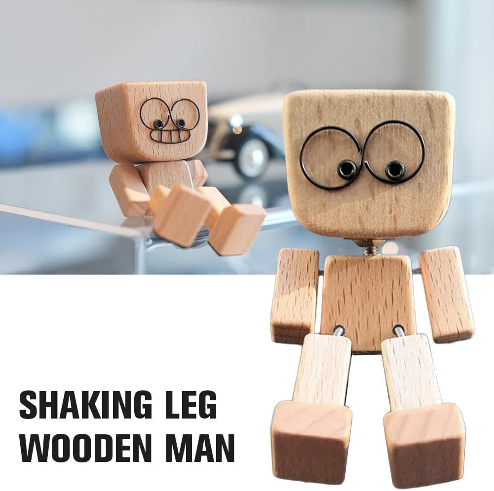 Shaking Wooden Man Figurine - 12 Magnetic Changeable Faces, Handmade Shaking Feet Wooden Doll for Car Dashboard Decorations, Funny & Creative Desktop Office Desk Decor (White 2pcs)