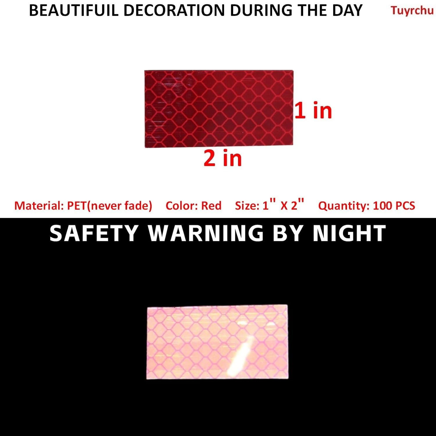 Non Fading Red Reflective Stickers 1 inch X 2 inch, Outdoor Waterproof High Visibility Warning Safety Adhesive Reflector Tape (100 Pcs)