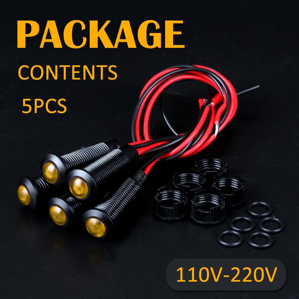 5pcs 8mm LED Indicator Light Plastic Black Signal Dot Lamp 110-220VAC 5/16" Mounting Hole Size with 15cm/5.9in. Wire (Yellow LED)