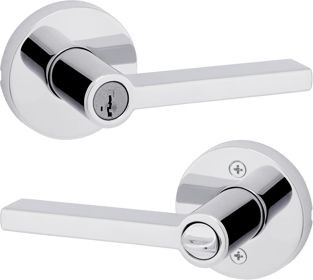 Kwikset Halifax Entry Door Handle with Lock and Key, Secure Round Keyed Reversible Lever Exterior, For Front Entrance and Bedrooms, Polished Chrome, Pick Resistant Smartkey Rekey Security and Microban