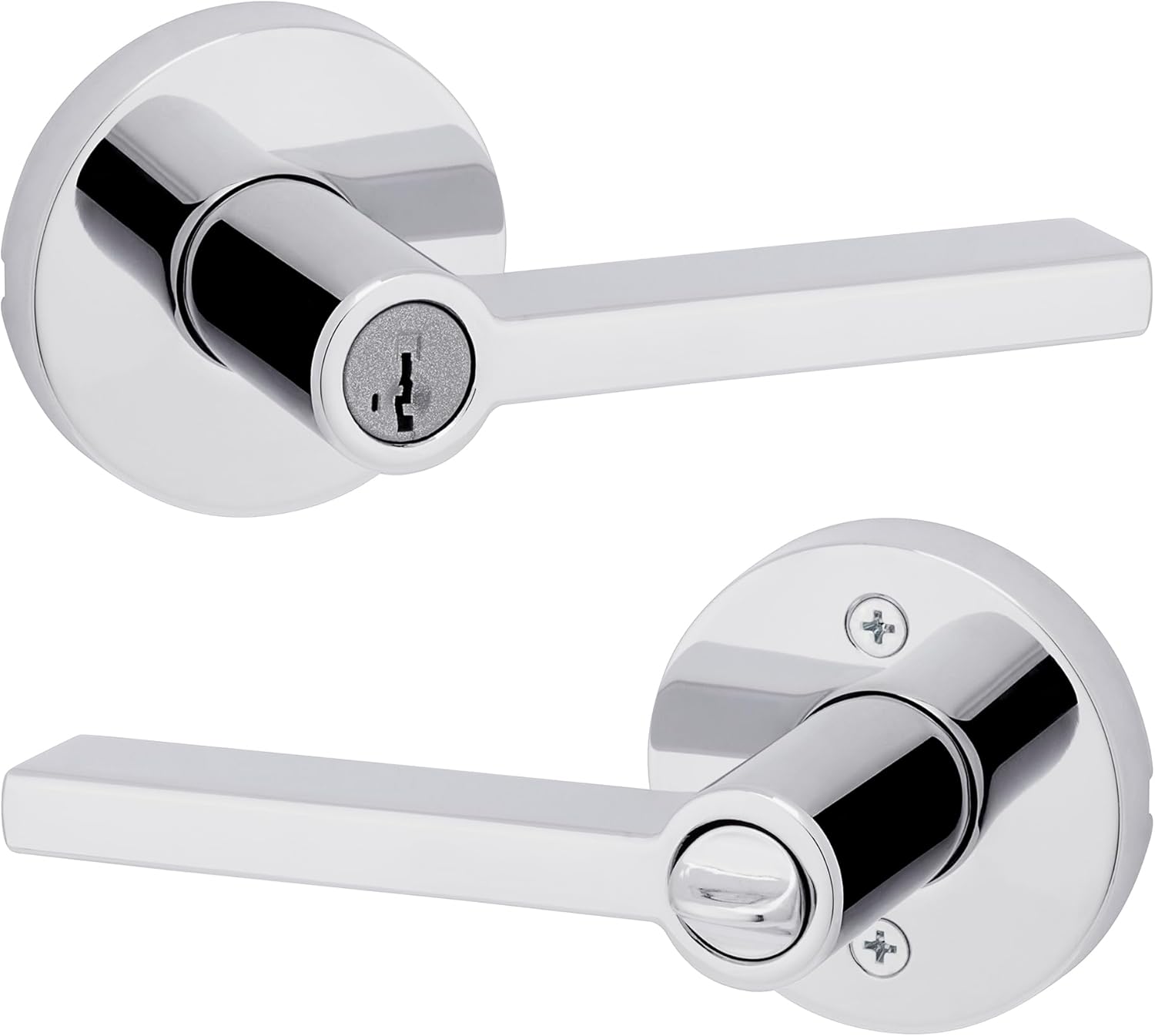 Kwikset Halifax Entry Door Handle with Lock and Key, Secure Round Keyed Reversible Lever Exterior, For Front Entrance and Bedrooms, Polished Chrome, Pick Resistant Smartkey Rekey Security and Microban