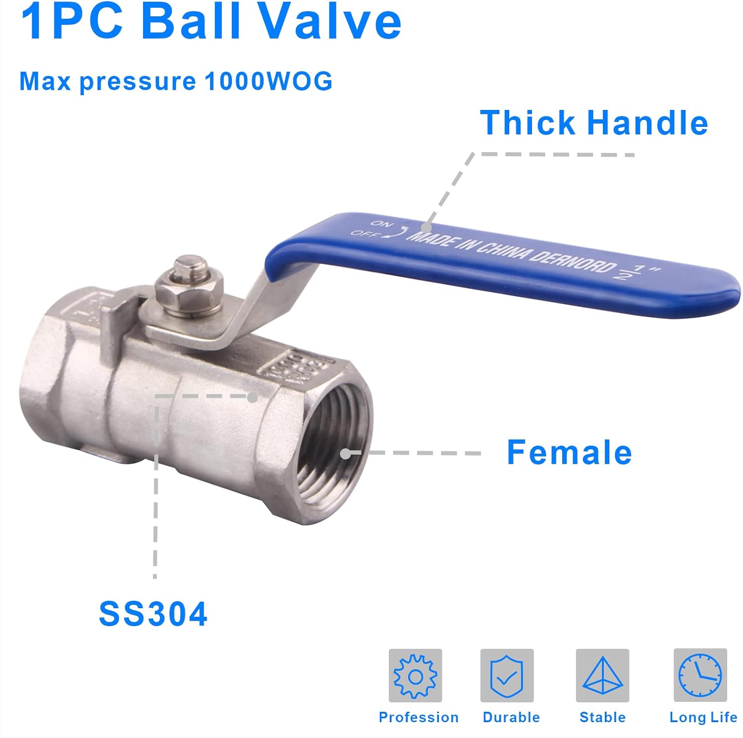 DERNORD Stainless Steel Ball Valve 1PC Type 0.5 Inch NPT Standard Port for Water, Oil, and Gas (1/2 Inch Ball Valve)