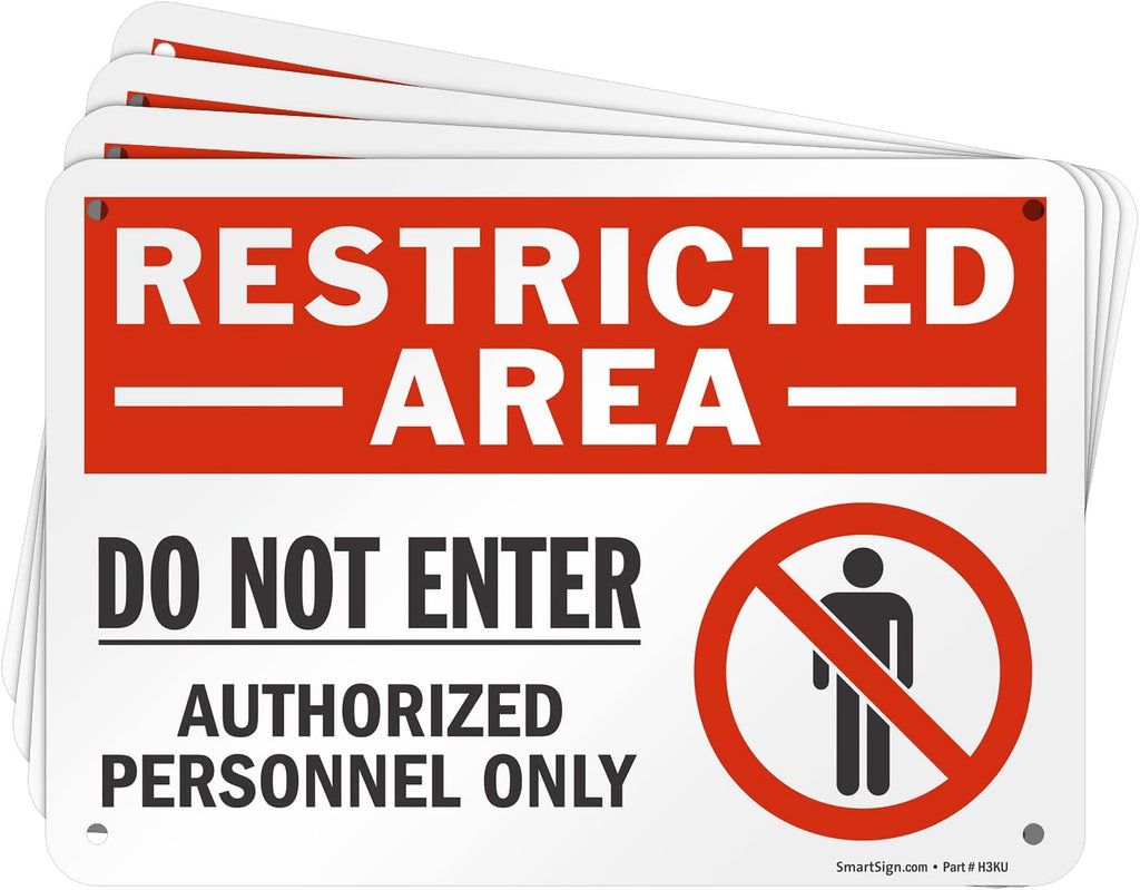 SmartSign (Pack of 4) 7 x 10 inch “Restricted Area - Do Not Enter, Authorized Personnel Only” Metal Sign with Symbol, 40 mil Laminated Rustproof Aluminum, Red, White and Black, Made in USA