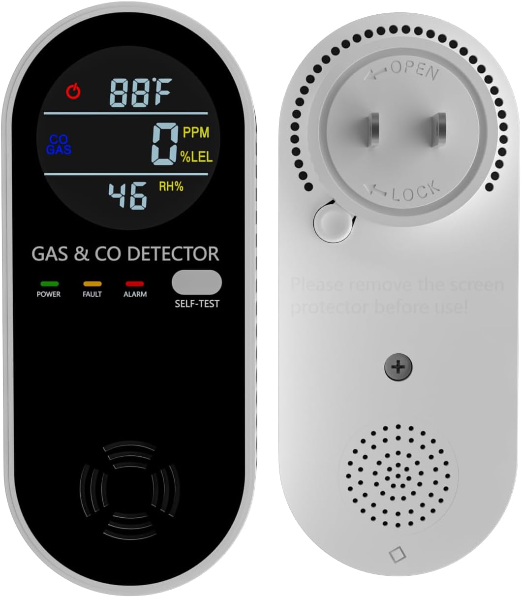 Natural Gas Detectors &Plug in Carbon Monoxide Detector， 4 in 1 Co and Gas Detector Temp Humidity Monitor，Propane, LPG, Gas Detector for Home，Kitchen,Hotels，RV.（2 Pack）