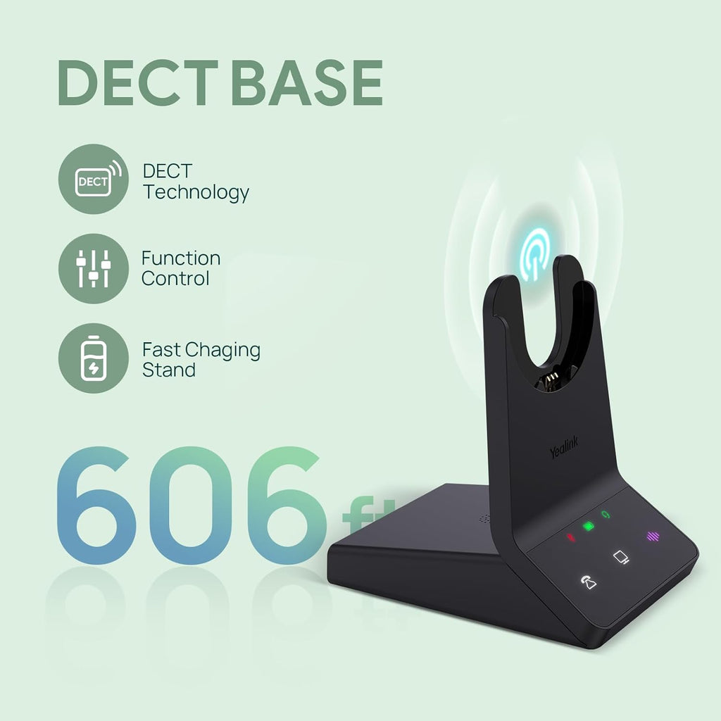 Yealink WH64 DECT & Bluetooth Mono UC Wireless Headset, 606ft Long Range Work Headphones, 3X Noise Cancelling Mic, 26H Calls,Ringtone, Office Single On Ear Headsets (Desk Phone,Laptop,PC,Cellphone)
