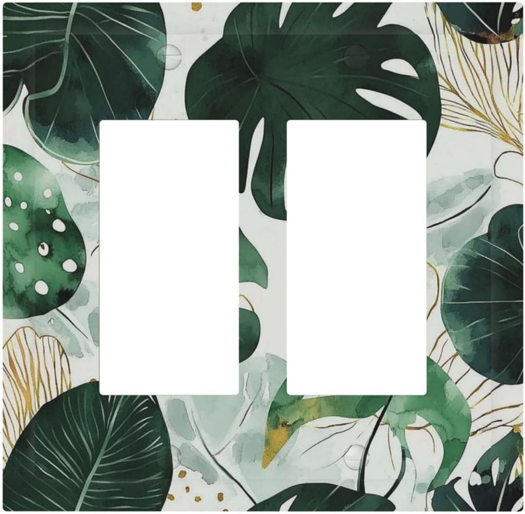 Boho Tropical Green Leaf Watercolor Banana Leaves Decorative Outlet Covers 2 Gang Double Gfci Rocker Electrical Wall Panels Light Switch Cover Plate For Bed Room Living Room Decor