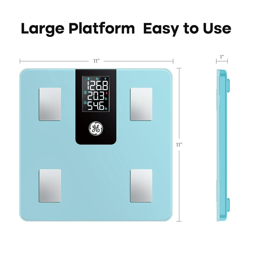 GE Smart Scale for Body Weight BMI Fat Muscle Mass with 14 Body Composition Metrics & All-in-one LCD Display, Digital Bathroom Weight Monitor Bluetooth with App, Accurate Weighing Machine 400lb Blue