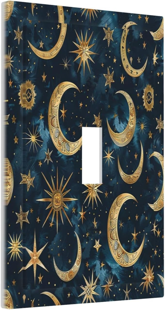 Decorative Light Switch Cover Modern Abstract Sky Blue Gold Moon Sun Star 1 Gang Single Toggle Device Electrical Faceplate Switchplates Decorator Outlet Wall Plate for Bedroom Kids room Decor