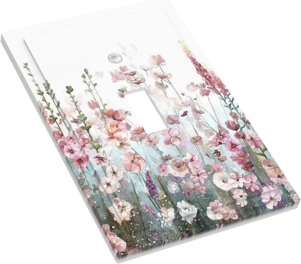 Colorful Flowers Pink Floral Watercolor Plant Decorative Light Switch Cover 1 Gang Single Toggle Device Electrical Faceplate Switchplates Decorator Outlet Wall Plate for Bed Room Living Room Decor