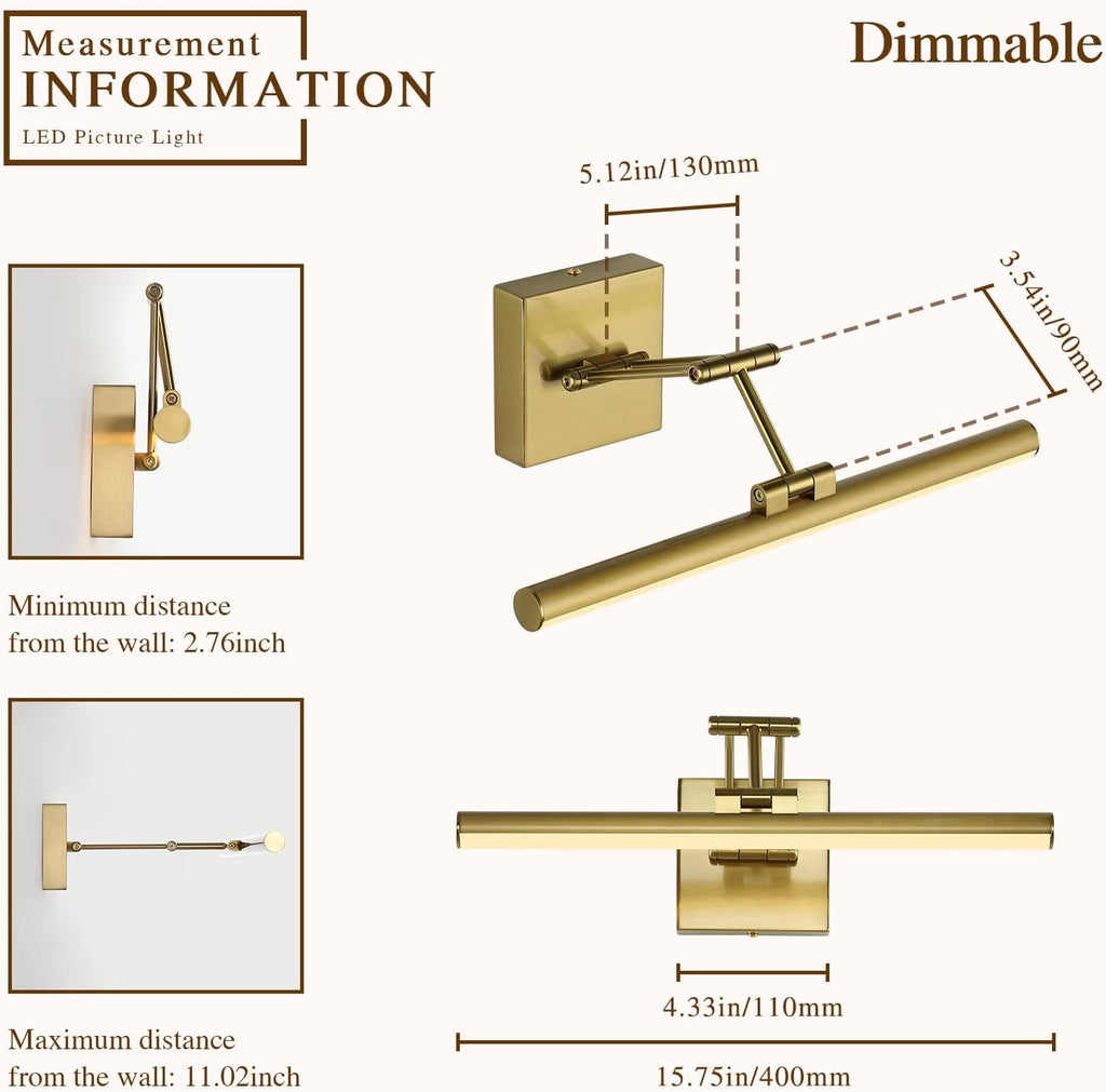 Joossnwell LED Picture Lights for Paintings Dimmable 15.5 Inch Long Hard-Wired Picture Frame Lights Brass Gallery Wall Light with Adjustable Swing Arm Art Display Lamps 7W 3000K Warm White