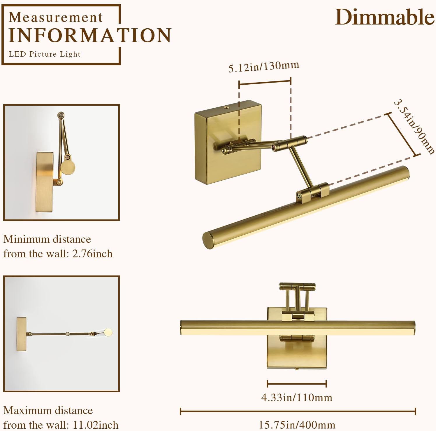 Joossnwell LED Picture Lights for Paintings Dimmable 15.5 Inch Long Hard-Wired Picture Frame Lights Brass Gallery Wall Light with Adjustable Swing Arm Art Display Lamps 7W 3000K Warm White