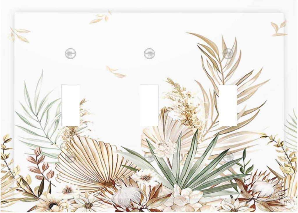 Decorative Switch Plates Boho Leaves Watercolor Tan Leaf Floral Plant 3 Gang Wall Plate Faceplate Triple Toggle Light Switch Cover Electrical Wall Panels for Bedroom Home Decor