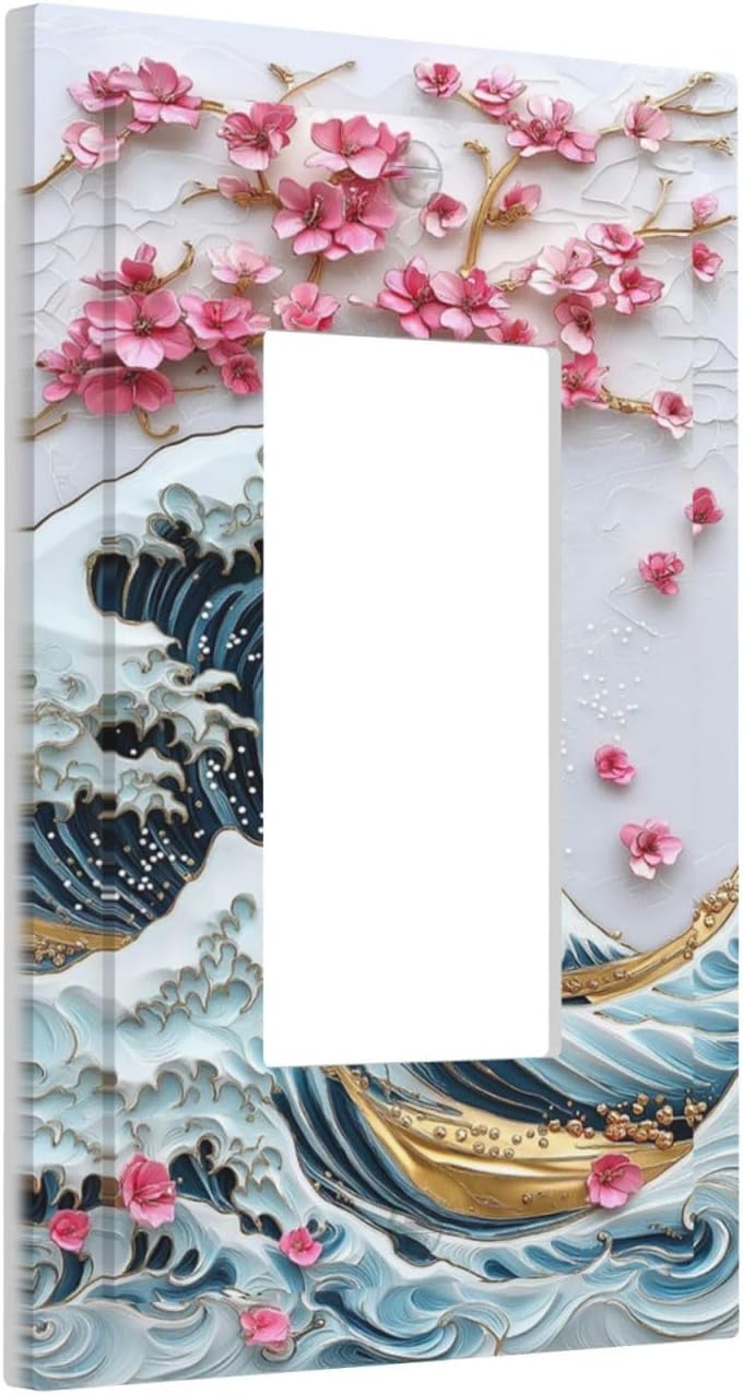 Decorative Outlet Covers The Great Wave Off Kanagawa With Sakura 1 Gang Single Rocker Light Switch Cover Plate Wall Plates GFCI Faceplate for Bedroom Bathroom Decor