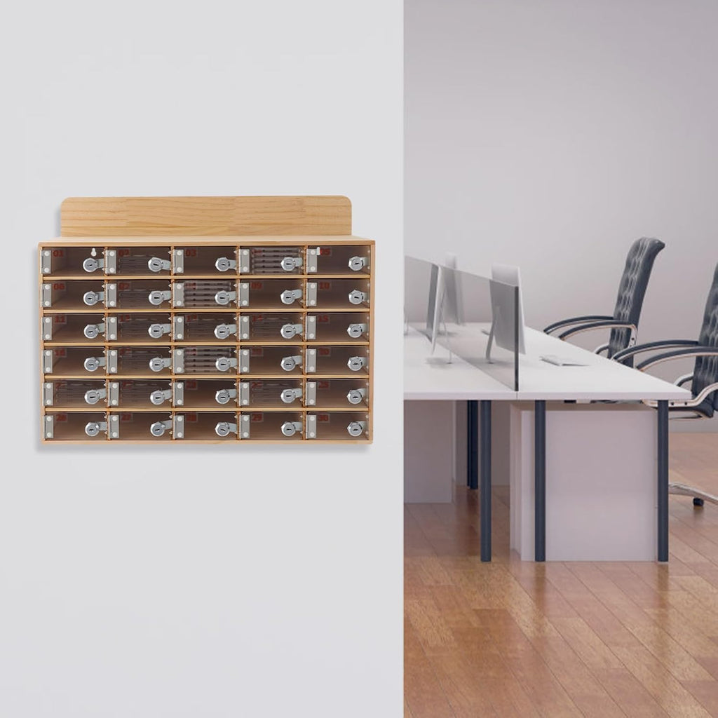 30 Slot Lockable Cell Phone Locker Box, Wall-Mounted/Freestanding Clear Acrylic & Wood Cell Phone Storage Cabinet with Door Locks and Keys for Classroom, Office, and School Employees