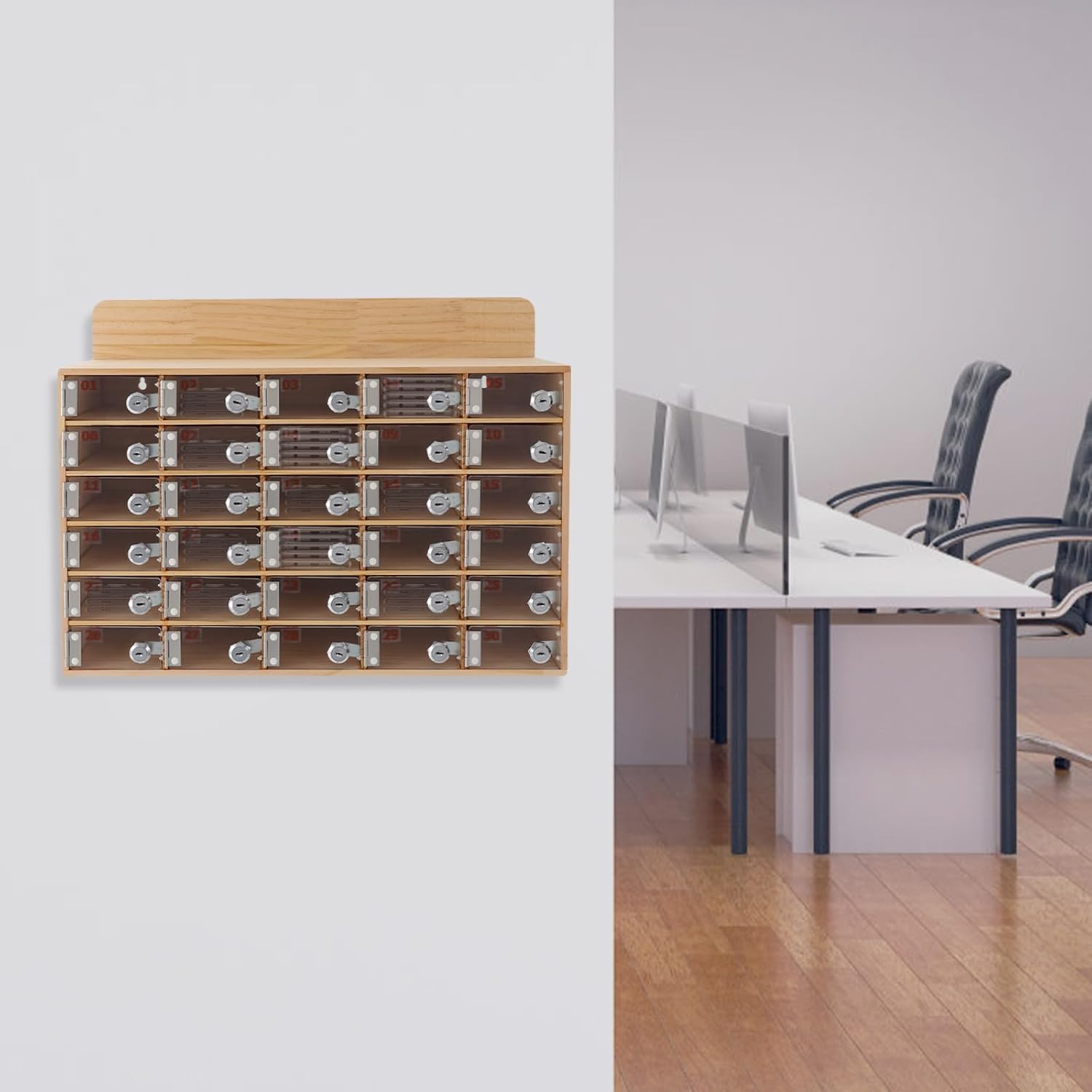 30 Slot Lockable Cell Phone Locker Box, Wall-Mounted/Freestanding Clear Acrylic & Wood Cell Phone Storage Cabinet with Door Locks and Keys for Classroom, Office, and School Employees