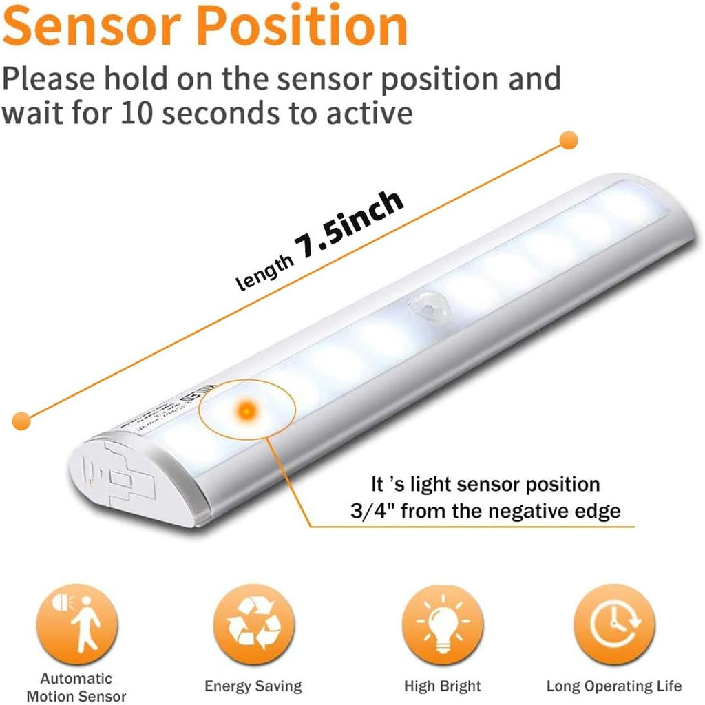 KULED 10-led Motion Auto Sensing LED Light, Battery Powered DIY Stick-on Under Cabinet Anywhere Portable Wireless with Magnetic Tape Strip Night Light 3 Pack