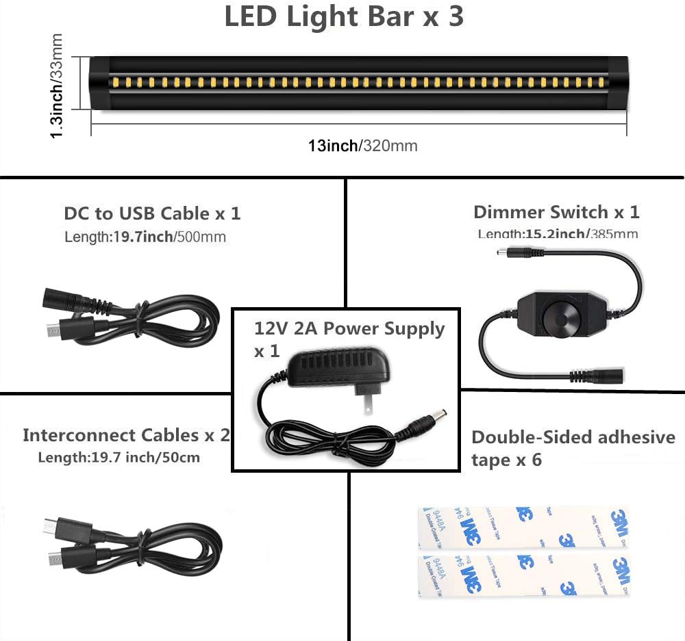 inShareplus LED Under Cabinet Lighting, 13 inch Dimmable, Warm White 3500K, CRI90+, 450Lumens, DC 12V Ultra Thin Under Counter Kitchen Lighting for Kitchen, Shelf, Cupboard, Black, 3 Pack