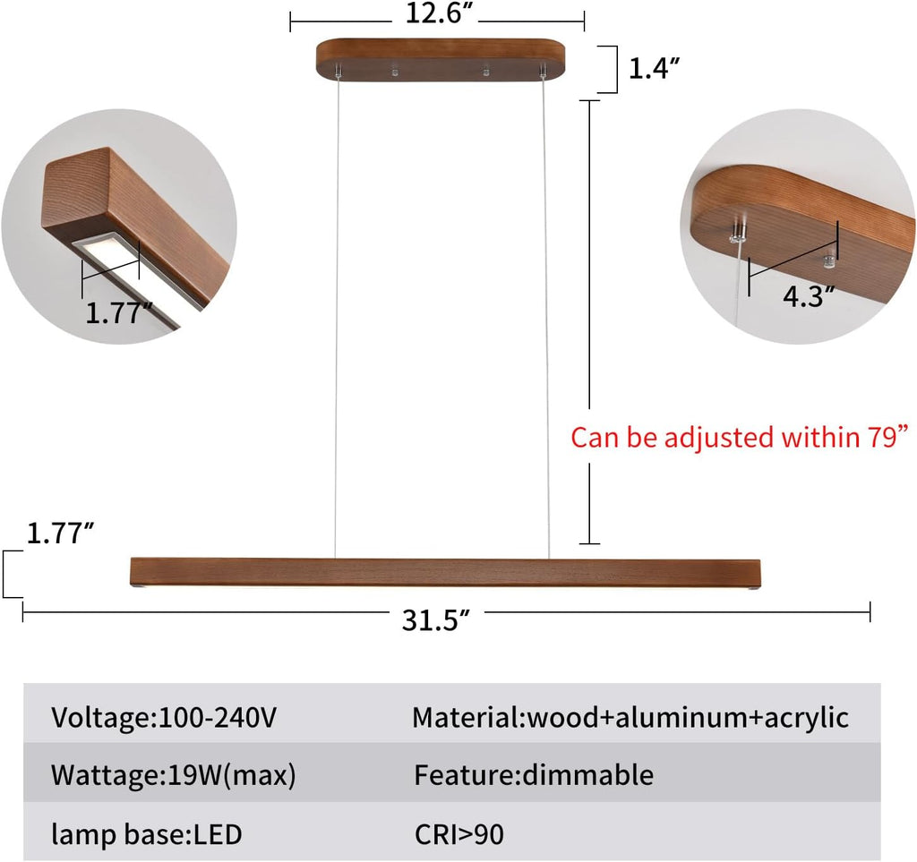 31.5" Wood Linear Pendant Light – Dimmable LED Chandelier with Remote, Adjustable Modern Farmhouse Lighting for Kitchen Islands, Dining Rooms & Bars Walnut Color (19W Energy-Efficient)