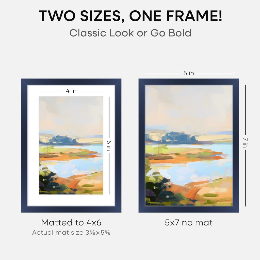 Homeforia 5x7 Picture Frame Navy Blue, High End Metal 5 x 7 Frames with Mat 4 x 6 for Print, 5by7 Desk Frame Matted to 4x6 inch Photo, 5 by 7 Wall or Tabletop Frame, Tempered Glass, Wall Kit, Set of 2