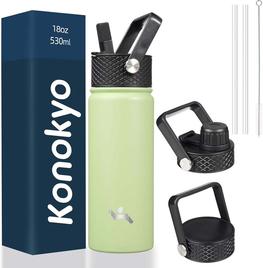 18 oz Insulated Water Bottle Stainless Steel Sport Bottles with 3 Lids,Macaron Green
