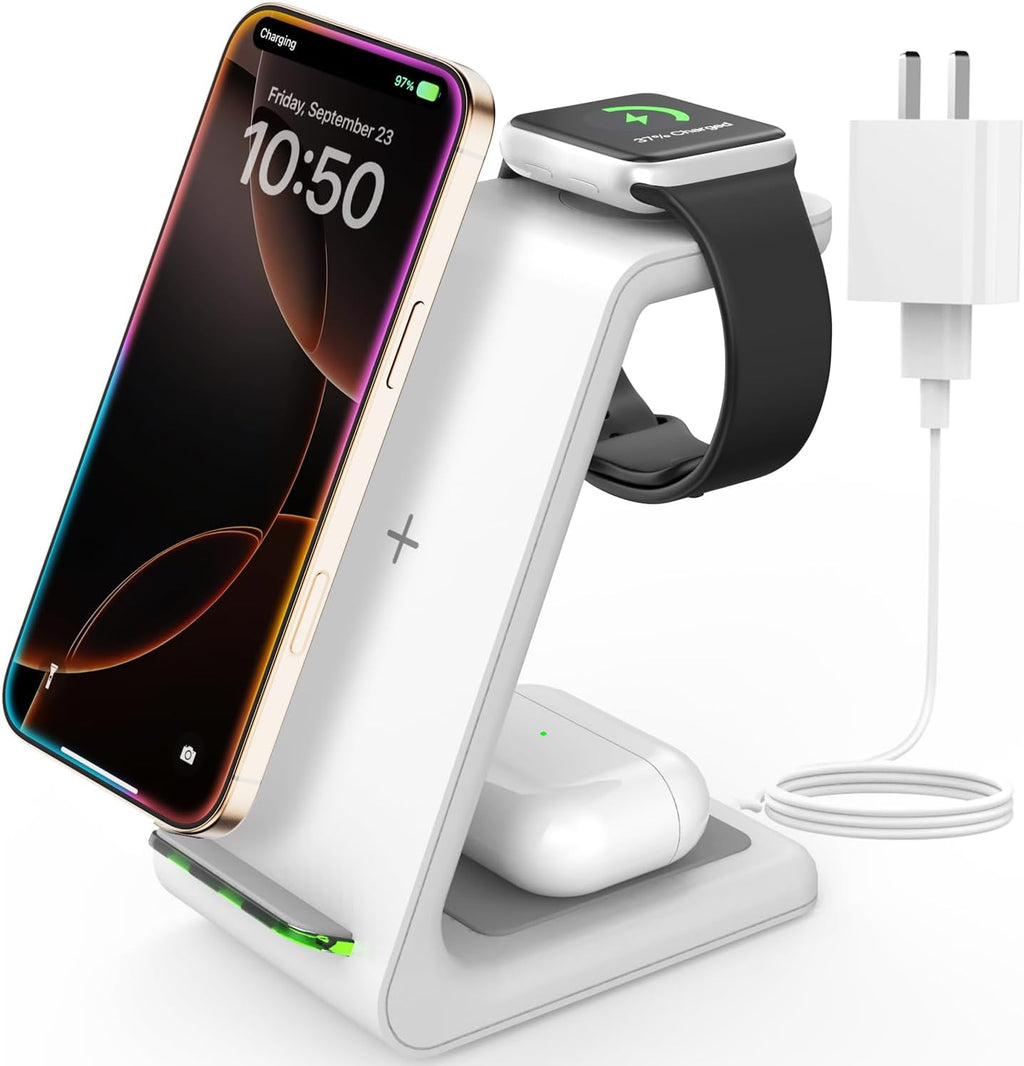 Wireless Charger for iPhone Charging Station: 3 in 1 Phone Charger Stand for iPhone 17/16/15/14/13/12/11/SE/X Pro Max Plus - Apple Watch 11/10/9/Ultra 2/8/SE/7/6/5 - AirPods 4/Pro 2/3