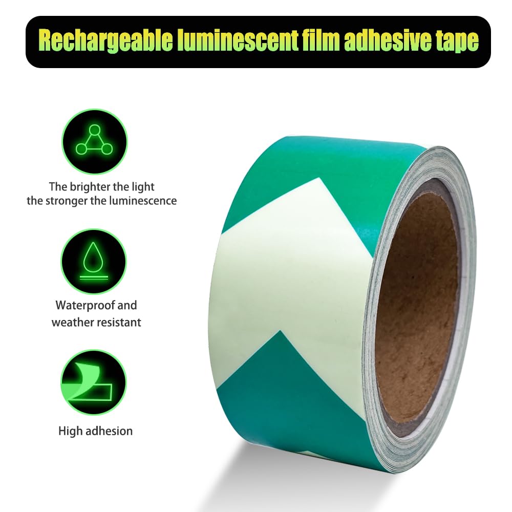 Arrow Glow in The Dark Tape - 15 Ft x 2 in - Rechargeable Glow Tape in The Dark - Safety Warning Tape, Night Decorations, and Home Marking (GreenArrow)