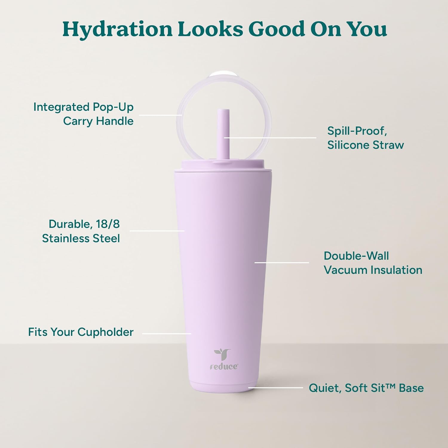 REDUCE Halo 32 oz Stainless Steel Vacuum Insulated Tumbler - Spill Proof Travel Mug with Flip Handle Lid - Keeps Drinks Cold for 32 Hrs - Dishwasher Safe - Cupholder Friendly - Lilac Bud