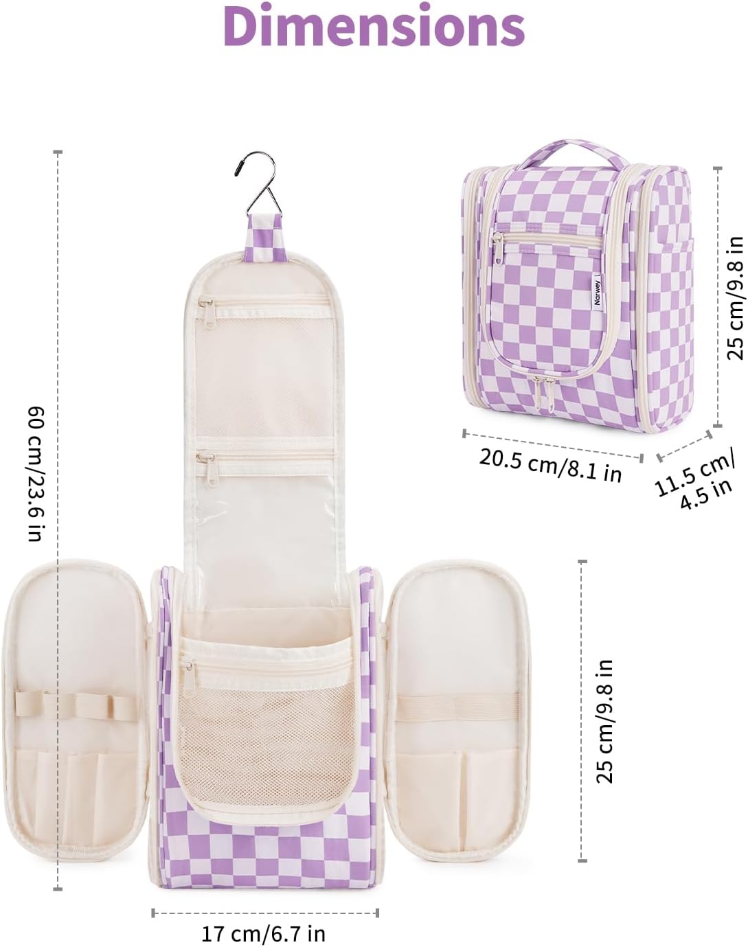 Narwey Small Checkered Hanging Travel Toiletry Bag for Women, Travel Bag for Toiletries, Makeup Bag Organizer Cosmetic Bags Make Up Bags for Women (Purple Checkerboard)