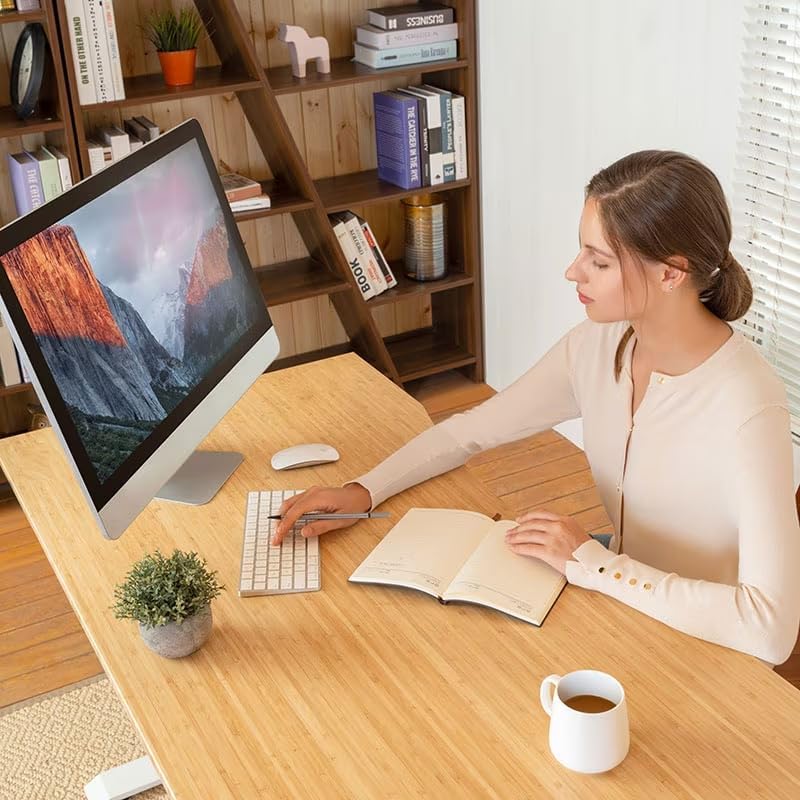 FLEXISPOT EN1 Bamboo Standing Desk, 55 x 28 Inches Whole-Piece Electric Height Adjustable Desk for Home Office (Black Frame + Bamboo Curved Desktop, 2 Packages)