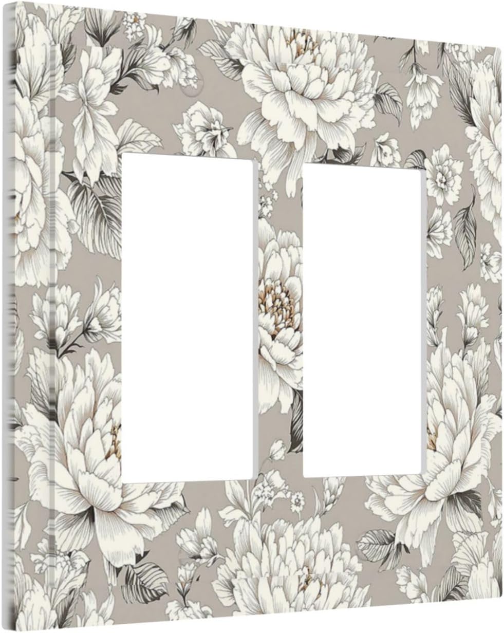 White Poppies Floral Modern Grey Peonies Flowers Decorative Outlet Covers 2 Gang Double GFCI Rocker Light Switch Cover Plate Electrical Wall Panels for Bedroom Bathroom Decor