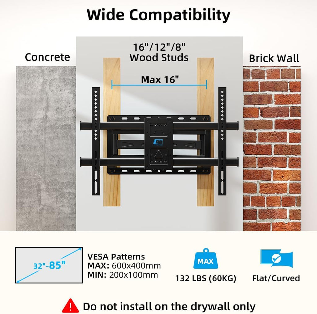 HOME VISION Full Motion TV Wall Mount for 32-85 inch TVs up to 132lbs, Fits 8”/ 12” /16” Wood Studs, TV Mount Wall Bracket with Dual Articulating Arms, Swivel, Tilt, Max VESA 600x400mm