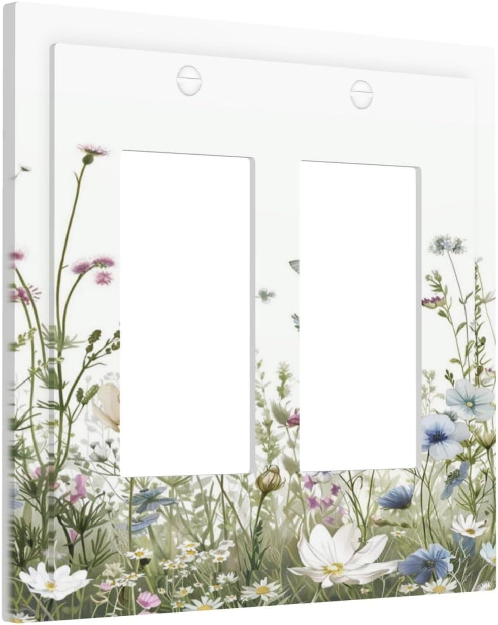 Colorful Wildflowers Daisy Plant Butterfly Floral Decorative Outlet Covers 2 Gang Double GFCI Rocker Electrical Wall Panels Light Switch Cover Plate for Bed Room Living Room Decor