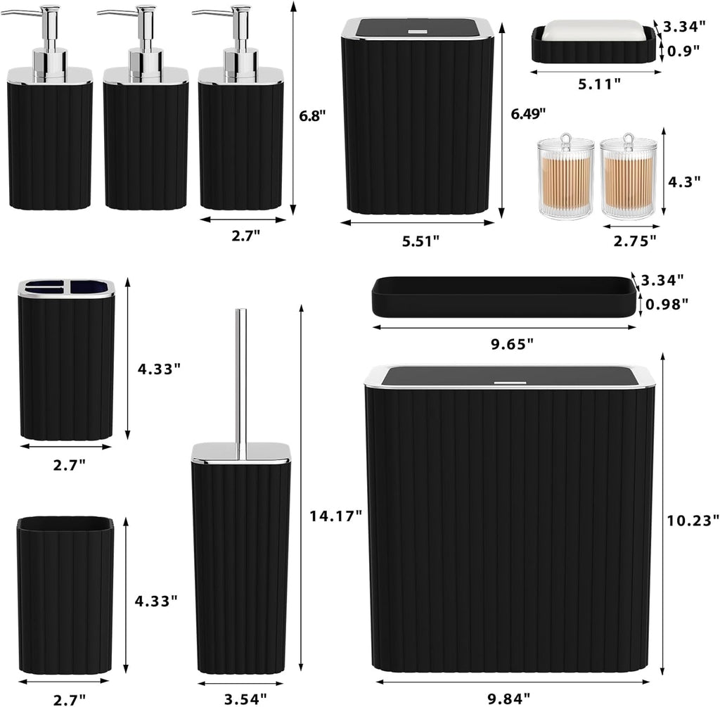Bathroom Accessory Set - Bathroom Set, 12PC Bathroom Accessories Set, Black Bathroom Accessories Set, Mini Trash Can, Toilet Brush, Trash Can & Soap Dispenser