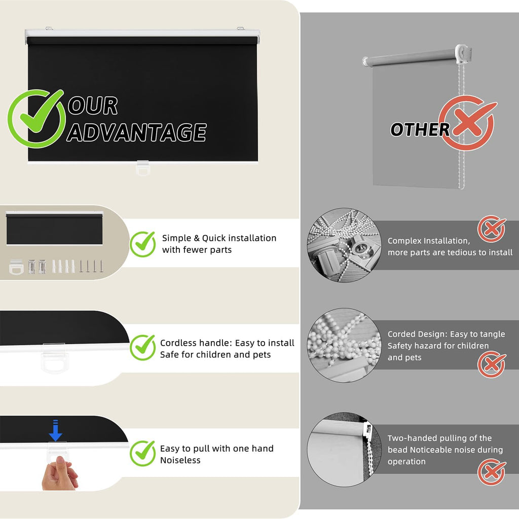 ChrisDowa Cordless Blackout Roller Shades for Windows, Thermal Insulated UV Protection Pull Down Shades, Total Blackout Window Blinds for Home, Office, Bedroom, Door (46" W x 72" H, Black)