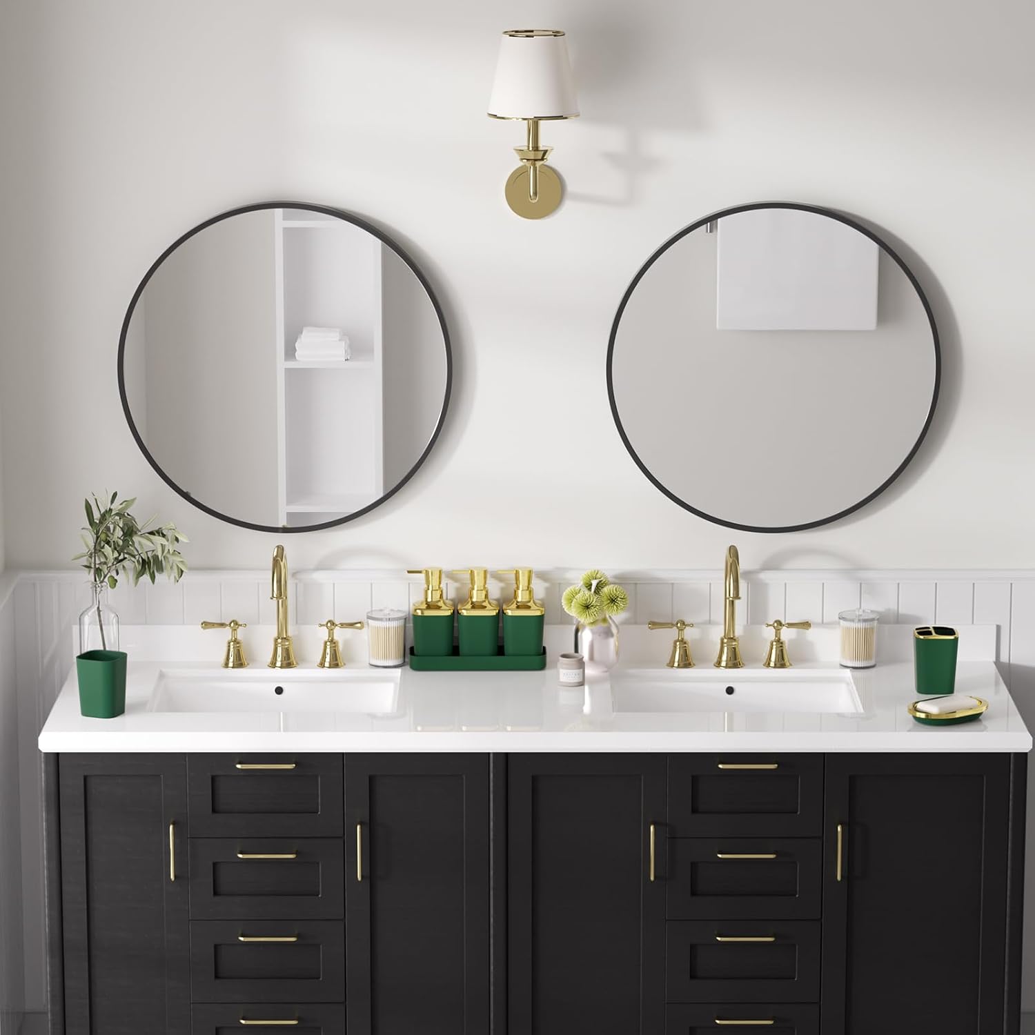 Bathroom Sets with Shower Curtain and Rugs, 27PC Bathroom Accessory Set, Green Bathroom Set, Green and Gold Bathroom Accessories Set with Trash Can, Toilet Brush and Soap Dispensers