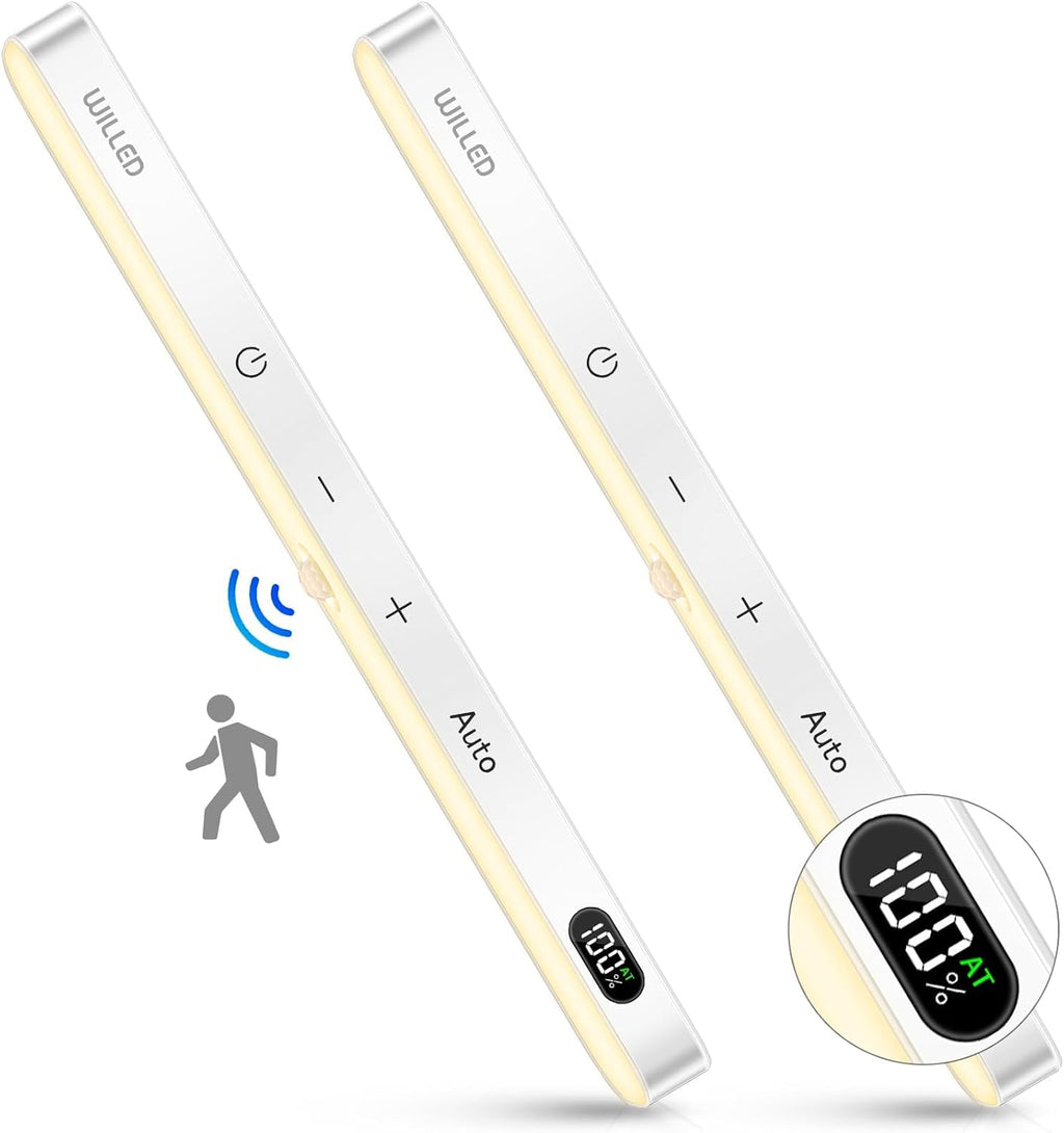 WILLED 3000K Closet Lights Motion Sensored, Battery Display, 60 LED Touch Light Bar, Motion Sensor Light Indoor, Under Cabinet Lights Rechargeable, Stick on Lights for Closet, Kitchen, Hallway, 2 Pack