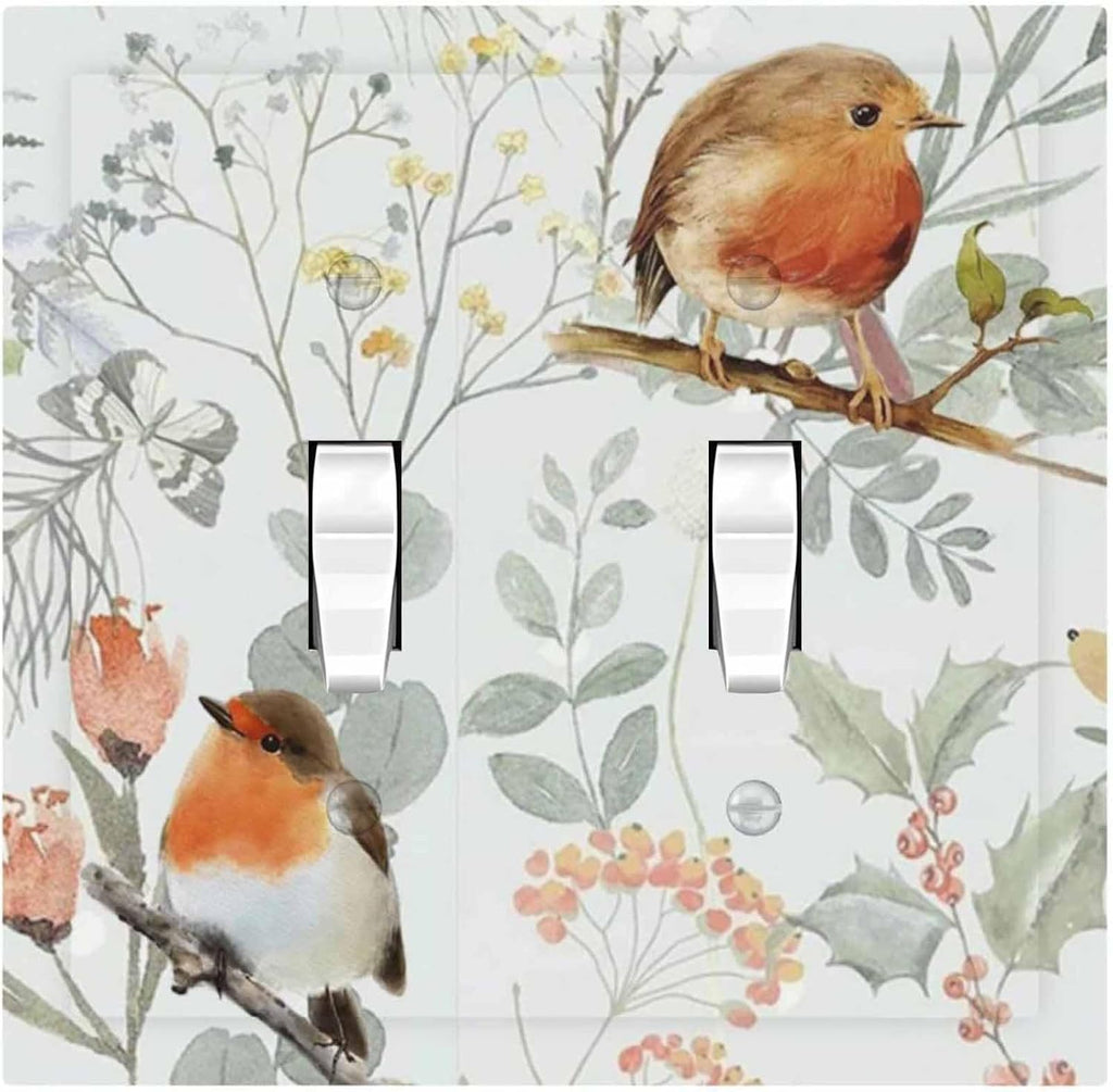 Decorative Switch Plates Red Floral Berries Colorful Bird Plant 2 Gang Double Toggle Outlet Light Switch Cover Wall Plate Electrical Faceplate For Bed Room Living Room Decor