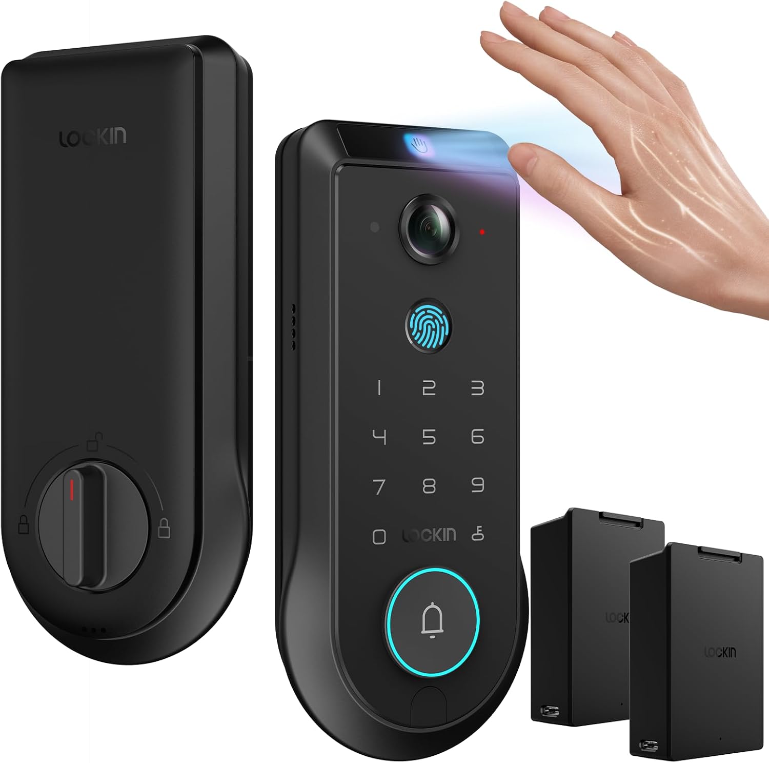 Lockin Veno Pro Smart Deadbolt Lock with Dual Swappable Batteries for 6-Month Extended Power, Palm Vein & Fingerprint Keyless Entry, Built-in Wi-Fi, Doorbell, App Remote Control, IP65 Waterproof